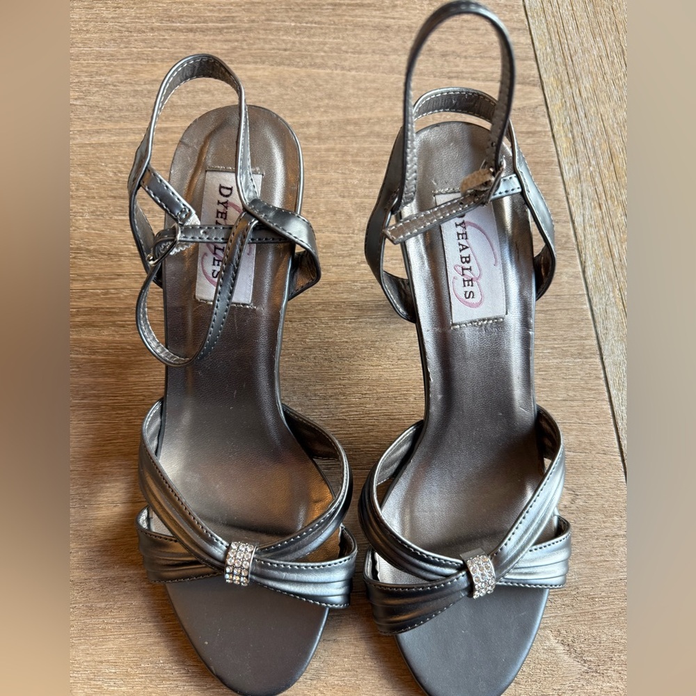 Women's pewter strappy Sandals wedding prom black tie event rhinestone detail